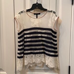 BCBGMaxAzria White and Blue Asymmetrical Embellished Blouse